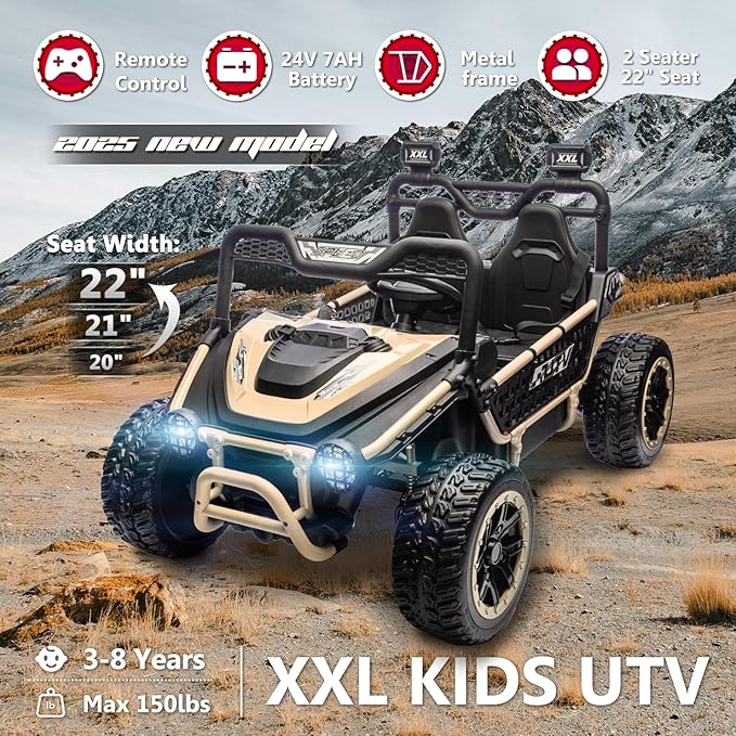 XXL 24V 7Ah 2 Seater Ride On Toy for Big Kids Ride On Car with Remote Control 4WD Kids UTV with 22" Seat, LED Lights, Bluetooth Music Player, EVA Rubber Tires, Spring Suspension, Quicksand