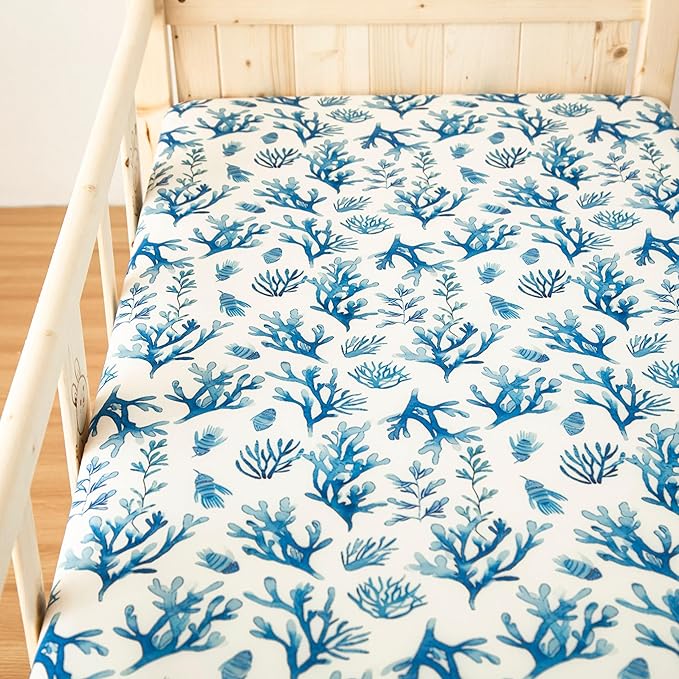 SDIII 2 Pack Ocean Crib Sheets for Boys Girls 52×28 Stretchy Microfiber Jersey Knit Coral Fitted Crib Sheet for Standard Crib and Toddler Mattress