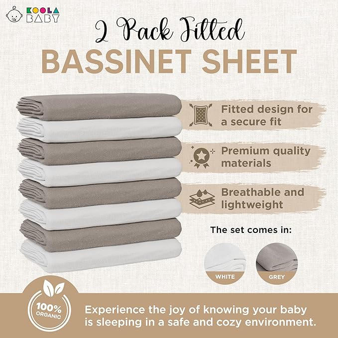 Bassinet Sheet for Bassinet Mattress - 100% Organic Jersey Knit Cotton - Snuggly Soft & Cozy Sheets Fitted for Ronbei, Amke, Baby Delight & Fodoss Bedside Sleeper - White & Grey - 2 Pack