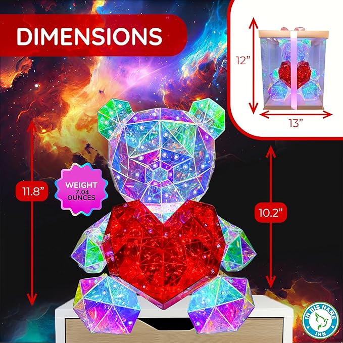 In His Name LED Teddy Bear Night Light Colorful LED Light Up Bear with Red Heart for Kids Room Premium Bedside Nursery Decor Cute Lamp for Toddler Unique Gifts Spring Decor