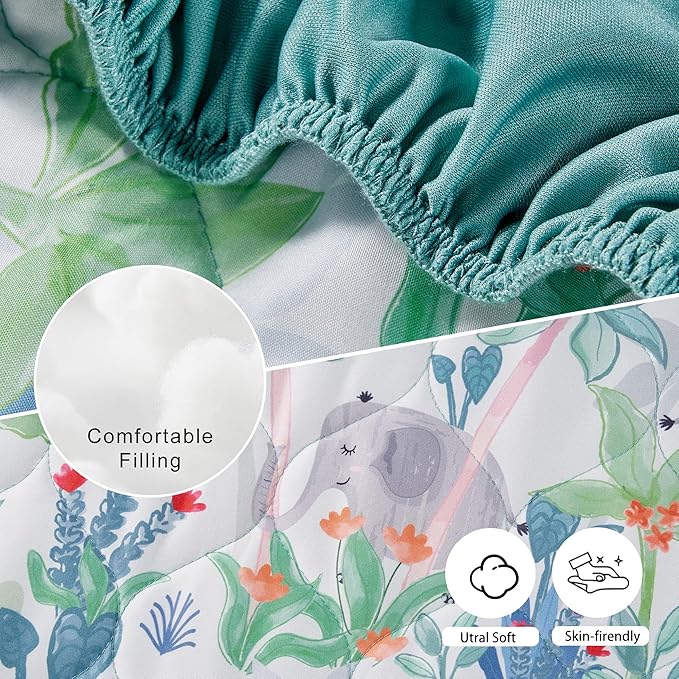 TILLYOU Pack and Play Sheet - Soft Quilted Crib Cover Pad, Toddlers Mattress Protector with 1''-3'' Deep Pocket, Thick Play Yard Playpen Sheets, Crib Mattress Pad 39"x27", Rainforest Elephant