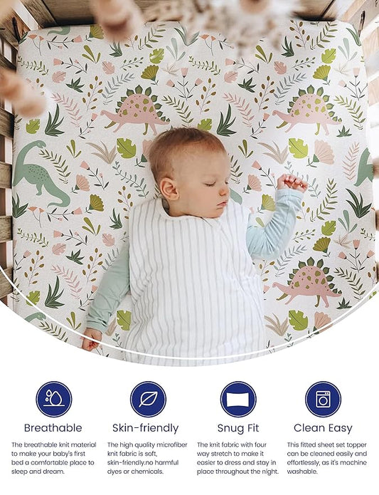TotAha Dinosaur Crib Sheets for Boys, Premium Soft Crib Mattress Fitted Sheet, Ultra Breathable Baby Sheets, Super Stretchy Baby Bed Sheets 28x52x9 Extra Deep Pocket, 2 Pack