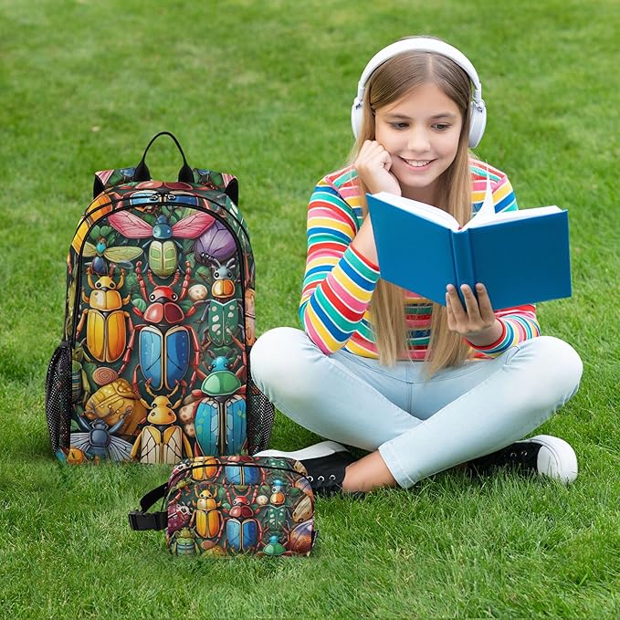 Jucciaco Insect Bugs Beetles Colorful Backpack with Lunch Bag for Boys Girls, Travel School Backpack Set