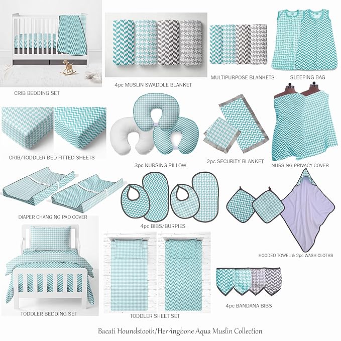 Bacati - Houndstooth/Herringbone 100% Cotton Muslin 4 Piece Neutral Toddler Bedding Set for US Standard Crib/Toddler Beds (Aqua)