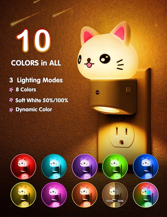 L LOHAS LED Night Light for Kids, 3D Cat Night Light Plug in, Dusk to Dawn Nursery Night Lights, RGB+Soft White 3000K, 3 Lighting Modes, Room Decor, Children