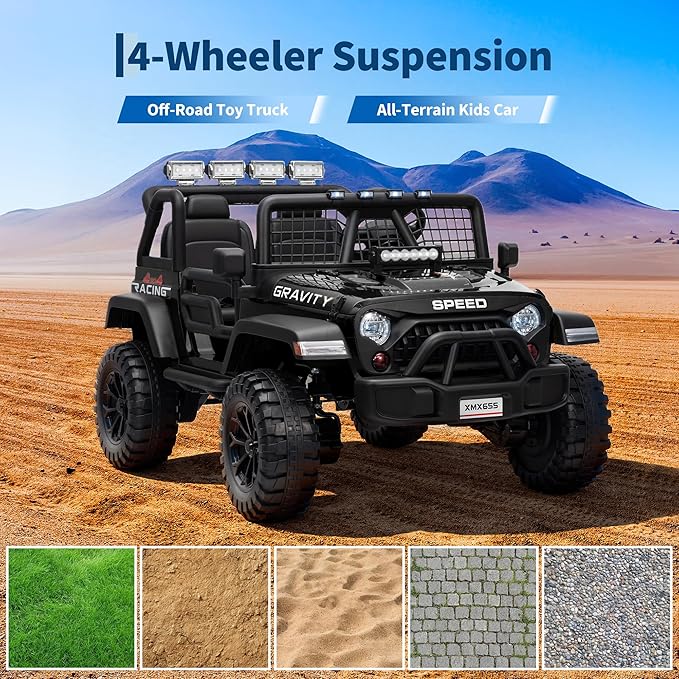 24V 2-Seater Kids Electric Truck with Parent Remote Control, 100Min Ride-on Car, 4WD Dual Motor, 2 Speeds, Spring Shock Absorber, LED Headlights, Siblings Gift Kids Electric Vehicle, Black