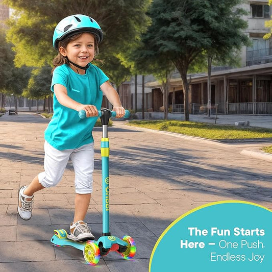 Dribbl 3-Wheel Kids Scooter - Lean-to-Steer Technology, Adjustable Height Handlebar, Wide Deck, Scooter for Boys & Girls Ages 3+, Child Safety Approved, Support Riders Up to 165 lbs, Aqua and Yellow