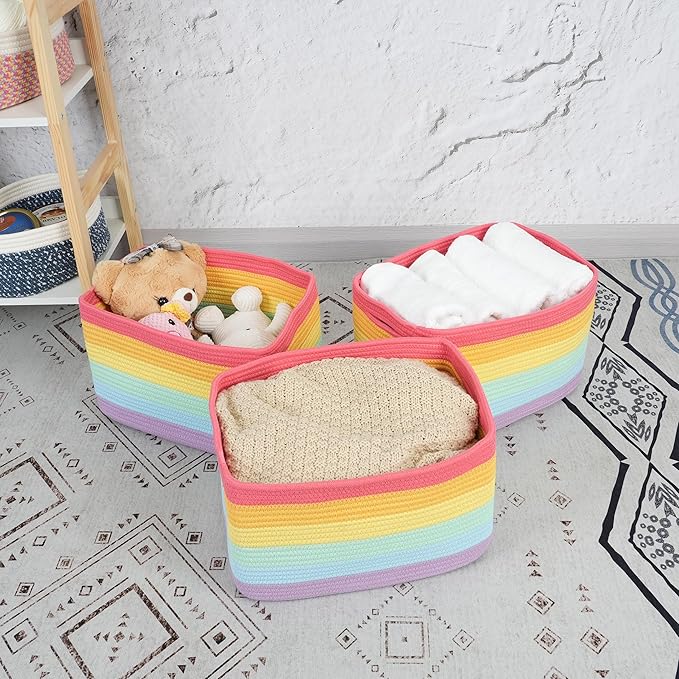 XUANGUO 3-Pack Rainbow Storage Baskets 15X10X9.3“ – Woven Toy Organizer Bins for Kids, Baby Room, Nursery, and Classroom – Cute Square Rope Baskets for Shelves and Organization Rainbow