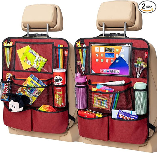 Helteko Backseat Car Organizer, Kick Mats Back Seat Protector with Touch Screen Tablet Holder, Back Seat Organizer for Kids with 9 Storage Pockets, Travel Accessories (2 Pack, Venetian Red)