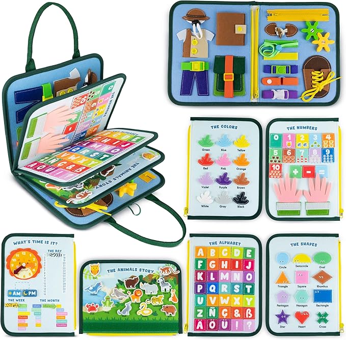 BONNYCO Busy Board for 1 Year Old Animals. Montessori Busy Book for Toddlers 1-3 2-4, Felt Quiet Book Baby. Montessori Toys, Toddler Learning Toys for Travel, Airplane, Car. Educational Activity Board