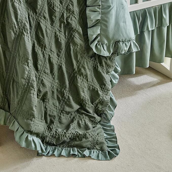 Ruffled Crib Bedding Set Baby Boho Quilted Comforter with Fitted Sheet and Bed Skirt - Cute Soft Breathable Seersucker Ruffled Shabby Chic Bedding Soft Blanket Design - Dark Green