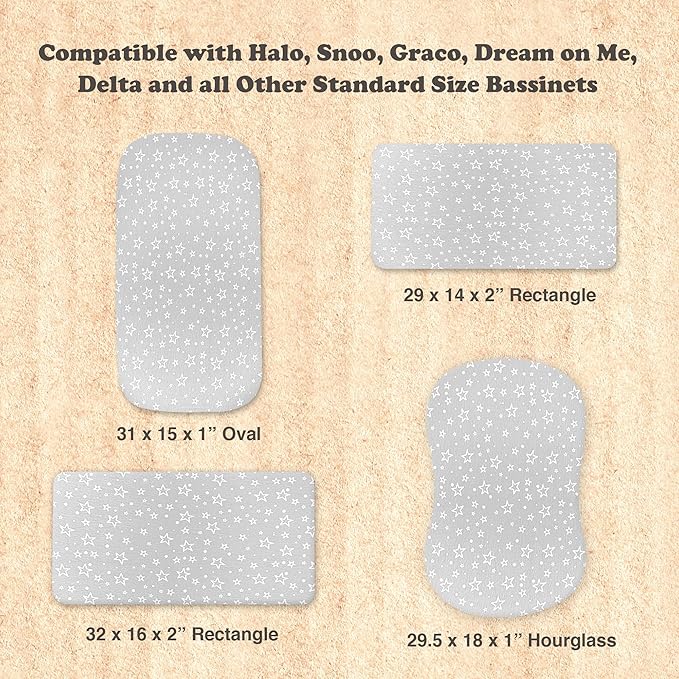 Bassinet Sheets Boy and Girl– 3-Pack Soft Fitted Bassinet Sheets, Organic Cotton, Breathable & Cozy, Fits 32x16x4 Inch Rectangle, Oval & Hourglass Mattresses (Grey)
