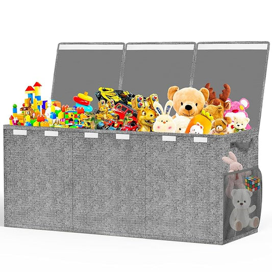Beadsky Extra Large Toy Box, Toys Chest for Toddlers with Lids, Collapsible Toy Storage Organizer, Kids Bin Boxes Storage Basket for Boys, Girls, Nursery, Living Room, Playroom, 40"x14"x16", Gray