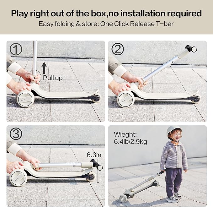 Kick Scooter for Kids Ages 3-18, Max 220 Lbs, Toddler Scooter with Adjustable Lean-To-Steer Switch, Foldable, Wide Anti-Slip Deck, Lightweight, 4 Adjustable Heights, Light up 3 Wheel Scooter