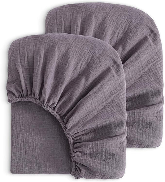 NTBAY 2 Pack Muslin Cotton Crib Sheets, Soft and Breathable Double Layer 28x52 Baby Crib Sheets for Standard Crib and Toddler Mattresses, Boys, Girls, Unisex, Greyish Purple, 28x52 Inches