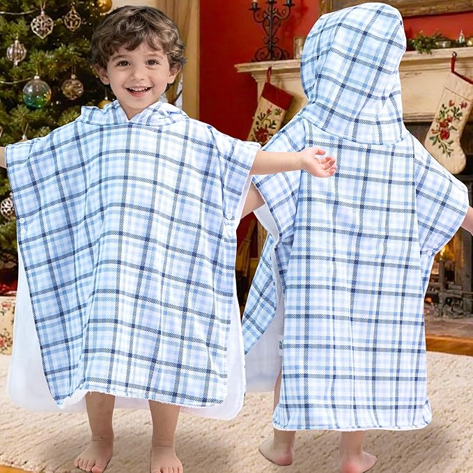 VOOVA & MOVAS Double-Layered Baby Hooded Towel Poncho (2-4 Years, 20x21 Inches) | Ultra Soft & Absorbent Cotton | Thick Toddler Bath Towel for Swimming, Beach, Shower & Winter, Blue Check