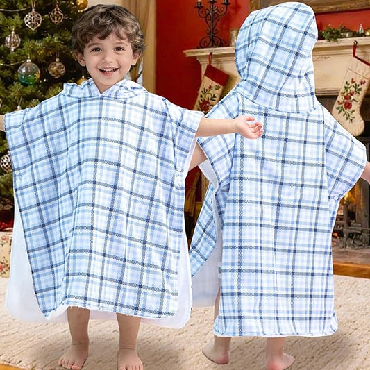 VOOVA & MOVAS Double-Layered Baby Hooded Towel Poncho (2-4 Years, 20x21 Inches) | Ultra Soft & Absorbent Cotton | Thick Toddler Bath Towel for Swimming, Beach, Shower & Winter, Blue Check