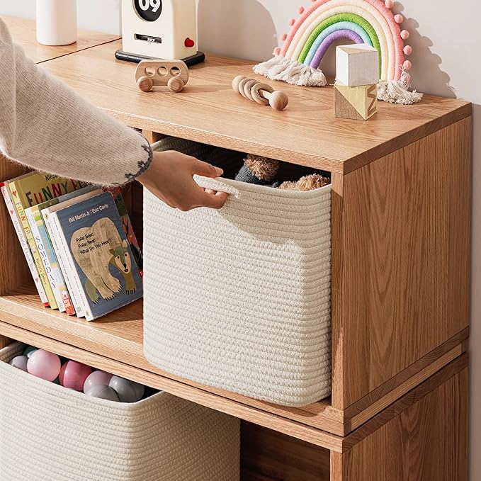 joybest 13x13x13inch Cube Storage Bins Set of 4, Cotton Rope Woven Organizer Basket for Shelves, Cube Bin Square Shelves Organizer Closet Storage, Nursery, Toy Organization, Beige