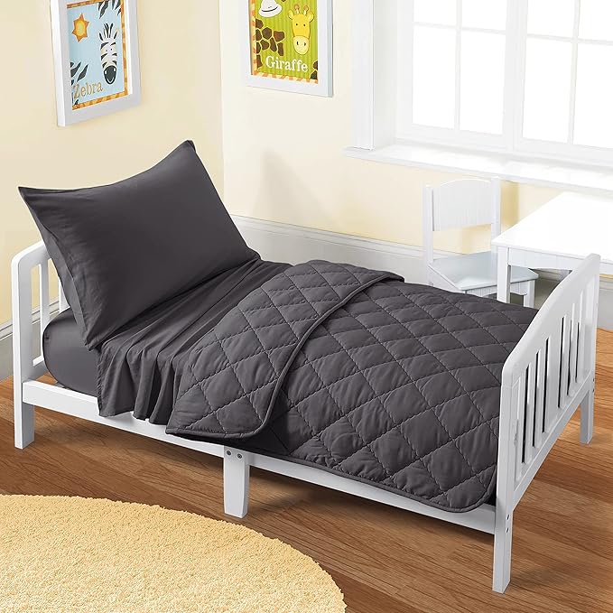 FLXXIE 4 Pieces Toddler Bedding Set, Soft and Breathable Microfiber Crib Sheet Set, Includes Quilted Comforter, Flat Top Sheet, Fitted Sheet, Envelope Pillow Case for Boys and Girls, Dark Grey