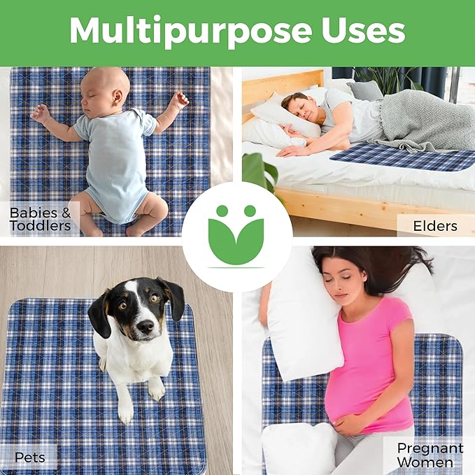 Bed Pads Washable Waterproof, Incontinence Bed Pads for Women and Men, Reusable Mattress Protector Underpads, Non-Slip, 36" x 34", Blue Plaid, 2 Pack