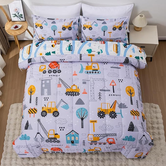 NTBED 5 Pieces Construction Cars Comforter Set Twin for Boys Kids Bed in a Bag Vehicles Transportation Lightweight Microfiber Bedding Sets,Light Grey