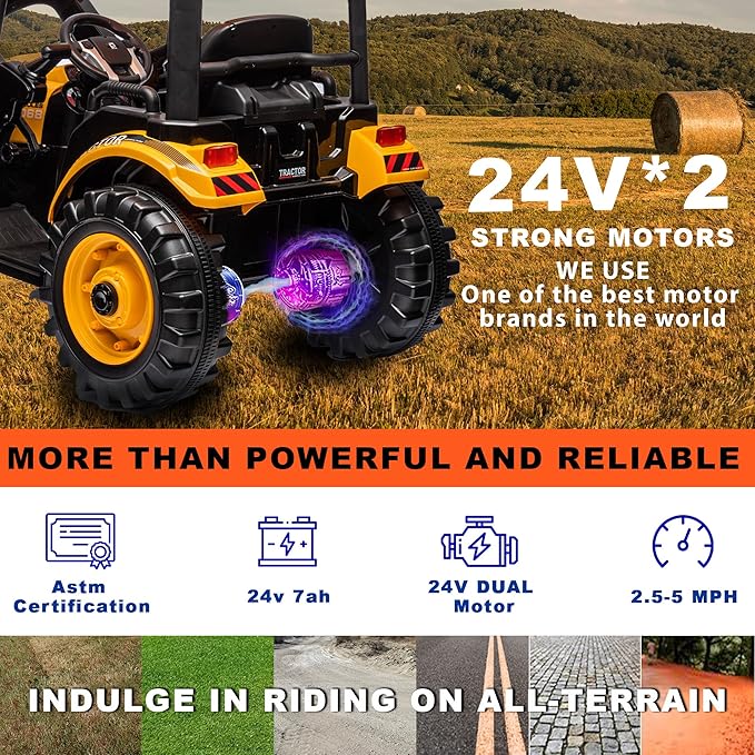 Kidsera 24V Kids Ride on Tractor with Trailer & Front Loader, 3 In1 Tractor 4-Gearbox 24volt Dual Motors Metal Frame, 24V Ride on Toys for Big Kids, Power Wheels Kids Electric Vehicles (Yellow)
