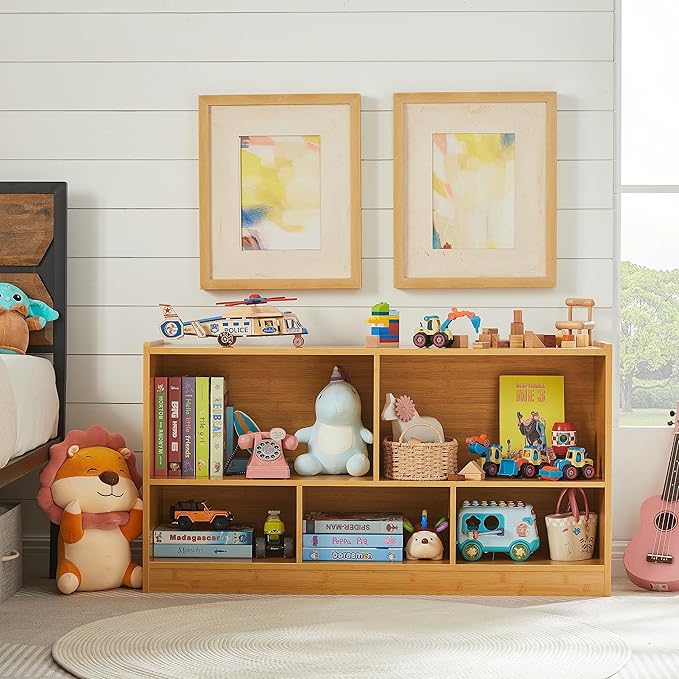 Onirw Kids Toy Storage Organizer, 5-Section Storage Cabinet for Organizing Books Toys, Wooden Bookshelf Daycare Furniture for School, Classroom Playroom, Nursery, Kindergarten (Natural)