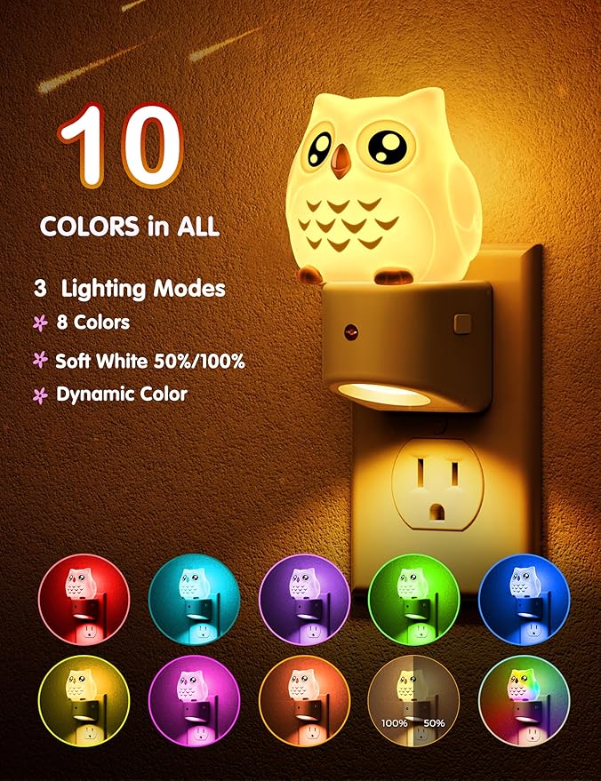 L LOHAS LED Night Light for Kids, 3D Owl Night Light Plug in, Dusk to Dawn Nursery Night Lights, RGB+Soft White 3000K, 3 Lighting Modes, Room Decor, Children