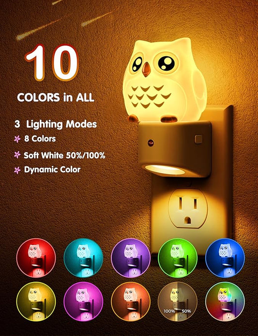 L LOHAS LED Night Light for Kids, 3D Owl Night Light Plug in, Dusk to Dawn Nursery Night Lights, RGB+Soft White 3000K, 3 Lighting Modes, Room Decor, Children