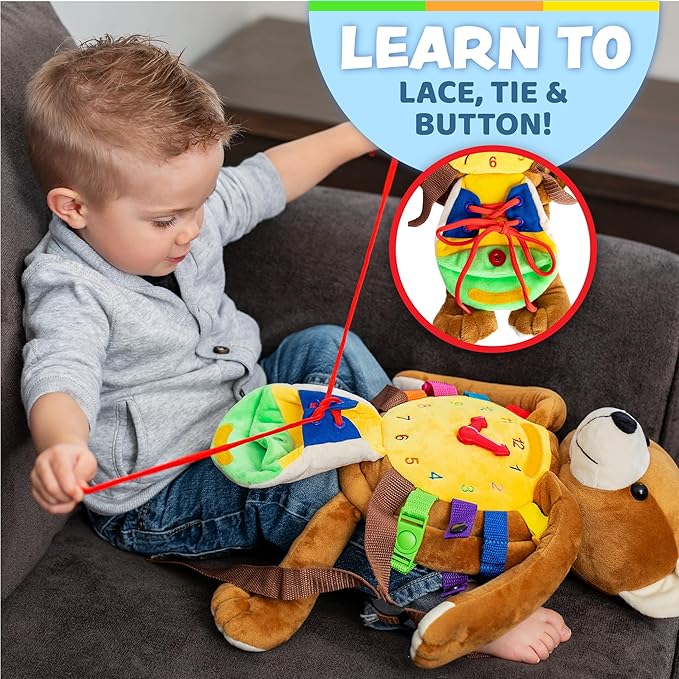 Buckle Toys Bear Backpack - Toddler Backpack & Stuffed Animal Learning Activity – Develops Fine Motor & Basic Life Skills – Soft Plush Kids Travel Toy - Billy Bear