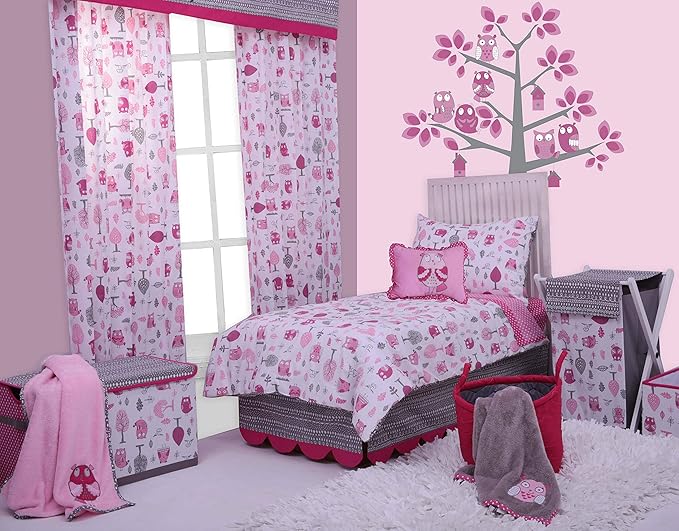 Bacati Owls Girls Cotton 4 Pc Toddler Bedding Set, Pink/Grey