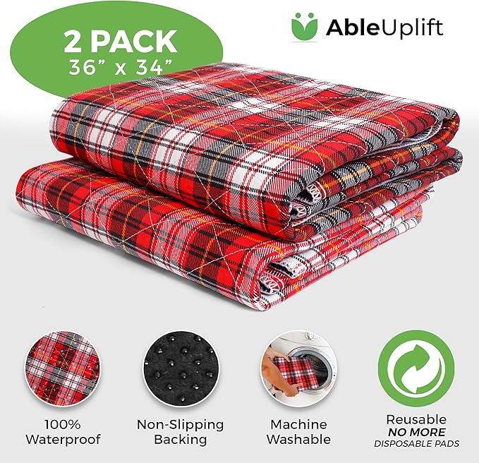 Bed Pads Washable Waterproof, Incontinence Bed Pads for Women and Men, Reusable Mattress Protector Underpads, Non-Slip, 36" x 34", Red Plaid, 2 Pack
