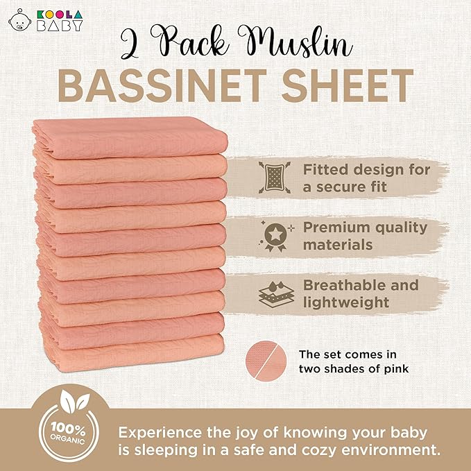 Bassinet Sheet for Bassinet Mattress - 100% Organic Muslin Cotton - Snuggly Soft & Cozy Sheets Fitted for Ronbei, Amke, Baby Delight & Fodoss Bedside Sleeper 2 Pack