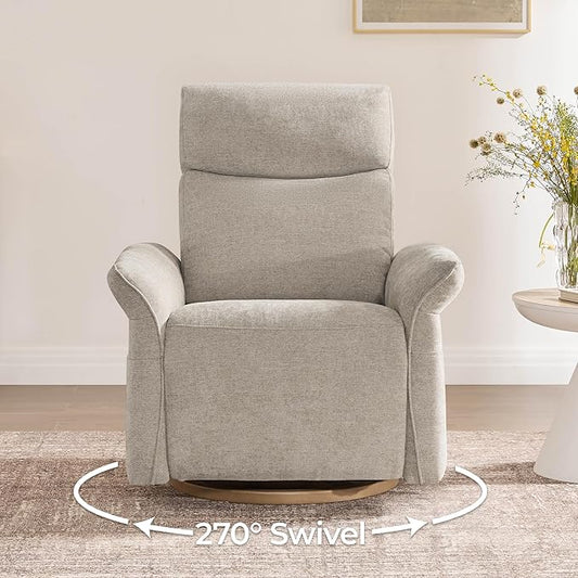 CHITA Power Recliner Chair, Electric Triple-Motor Swivel Glider Nursery Rocking Chair with Adjustable Power Headrest and Lumbar Support, Solid Wood Base, Khaki Grey