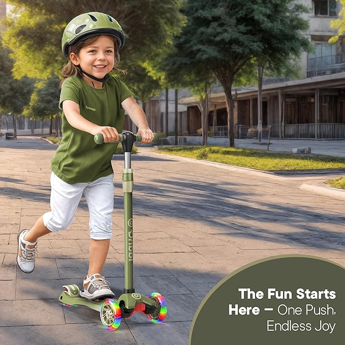 Dribbl 3-Wheel Kids Scooter - Lean-to-Steer Technology, Adjustable Height Handlebar, Wide Anti-Slip Deck, Scooter for Boys & Girls Ages 3+, Child Safety Approved, Support Riders Up to 165 lbs, Army