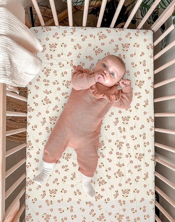 Pack and Play Sheets for Baby Boy and Girl 2 Pack, Neutral Muslin Cotton Pack N Play Mattresses Sheet 27"x39", Muslin Nursery Bedding Soft and Breathable Comfort (Floral & Pink)