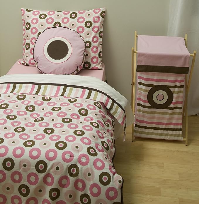 Bacati - Dots & Stripes Pink/Chocolate 4 Piece Girls Toddler Bedding Set, 100 Percent Cotton Includes Reversible Comforter, Fitted Sheet, Top Sheet and Pillow Case for US Standard Toddler Bed