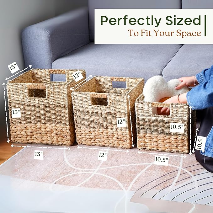 CHI AN HOME 13x13x13 Storage Cube Bins Wicker Storage Basket for Cube Shelf, Natural Foldable Square Baskets for Storage, Large Woven Cube Storage Bin with Handle, Baskets for Pantry, Bedroom Set of 4