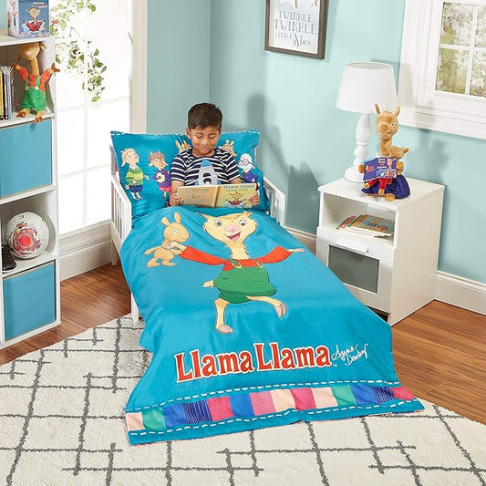 EVERYDAY KIDS Llama Llama 4 Pc Toddler Bedding Set with Comforter, Flat Sheet, Fitted Sheet and Pillowcase Bright Blue Toddler Bed Set Features Llama Llama and Friends