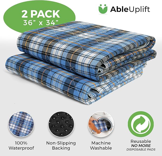 Bed Pads Washable Waterproof, Incontinence Bed Pads for Women and Men, Reusable Mattress Protector Underpads, Non-Slip, 36" x 34", Blue Plaid, 2 Pack