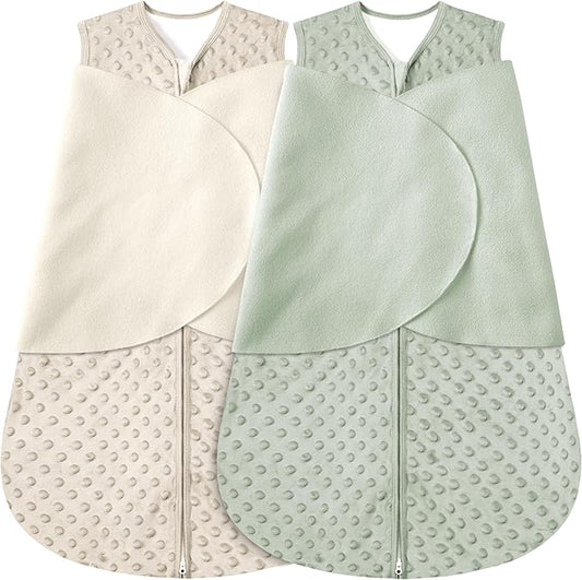Newborn Sleep Sack Baby Swaddle,0-12 Months,3-Way Adjustable Wearable Blanket,Swaddling Sleeping Bag (Beige & Grass green, 6-12 Months)