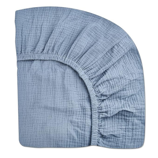 Mini Crib Sheets for Baby, Fitted Pack N Play Mattress and Mini Cribs 24" x 38", Neutral Muslin Cotton Mini Crib Mattress Sheet with Boho Style, Soft and Breathable Comfort (Costume Blue)
