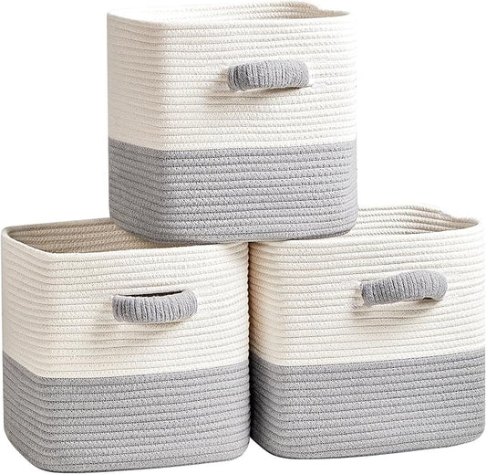 R RUNKA Storage Cube Baskets for Organizing- 3 Pack- 11 inch Square Baskets for Cube Storage, Closet Storage Bins- Woven Cube Storage Bins for Shelves- Ideal for Toy Storage |White & Grey