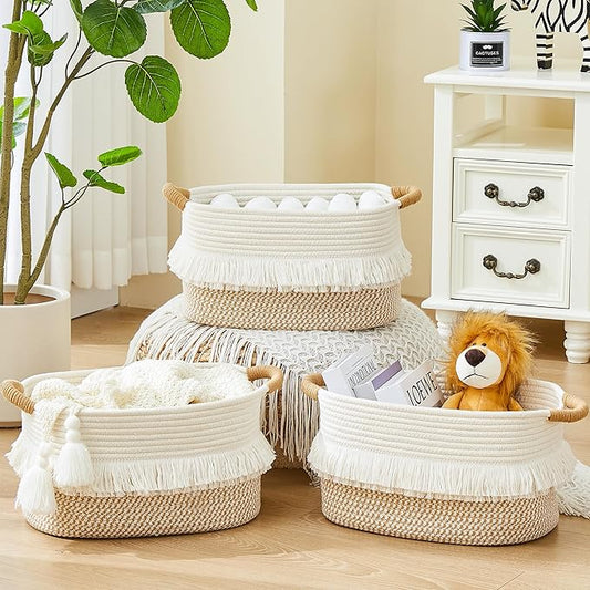 BUBUSUN Storage Bins Woven Baskets for Storage Set of 3, Cotton Rope Basket with Handles for Toys/Shelves/Laundry, Rectangle Multi-Purpose Organizer for Living Room, Bedroom, Nursery (White/Brown)