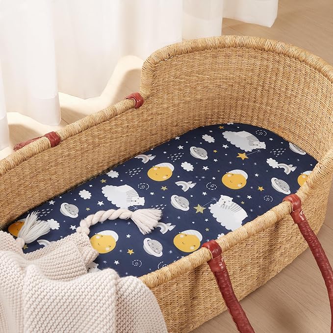 TILLYOU Baby Bassinet Sheets for Girls Boys, Fit for Hourglass Oval Rectangle Bassinet Mattress Sheets, 33”X16”, 2 Pack Adventure and Dark Blue