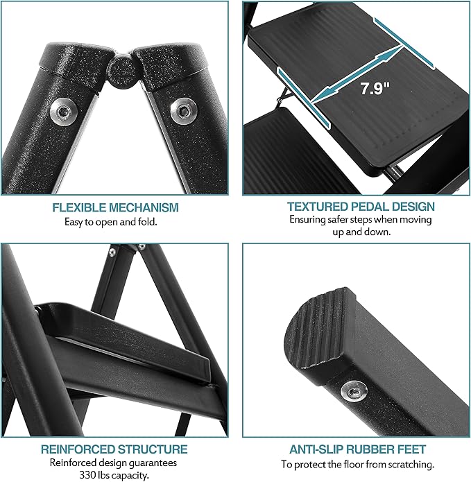 BOCOM 3 Step Ladder, Lightweight Portable Foldable Collapsible Folding Sturdy Iron Metal Step Stool with Anti-Slip Wide Pedal, Heavy Duty 330 lbs Capacity, for Home, Kitchen, Closet, Adults, Black