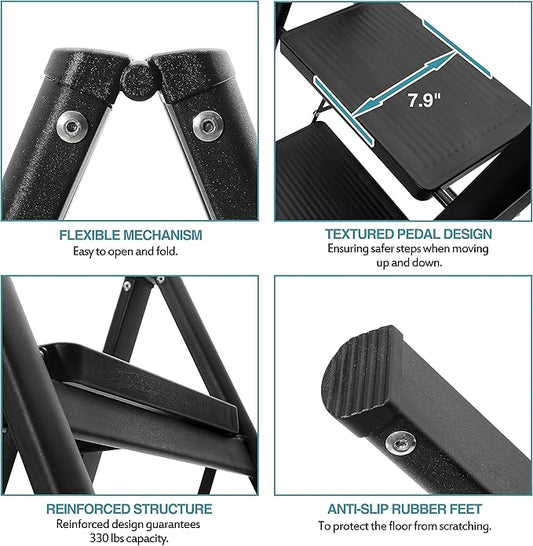 BOCOM 3 Step Ladder, Lightweight Portable Foldable Collapsible Folding Sturdy Iron Metal Step Stool with Anti-Slip Wide Pedal, Heavy Duty 330 lbs Capacity, for Home, Kitchen, Closet, Adults, Black