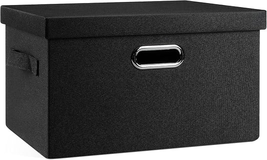 Graciadeco Medium 15" 21 Quart Collapsible Stackable Storage Bins with Lids, 1 Pack Black Foldable Fabric Closet Storage Boxes with Lids, 4 Handles Heavy-duty Linen Cube Baskets for Bedroom