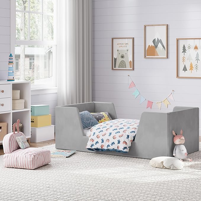 Toddler Bed, Toddler Floor Bed Frame with Guard Rails, Kids Bed for Ages 2-6 Years, Certified Fabric Beds