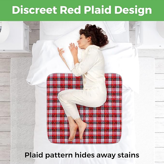 Bed Pads Washable Waterproof, Incontinence Bed Pads for Women and Men, Reusable Mattress Protector Underpads, Non-Slip, 36" x 34", Red Plaid, 2 Pack